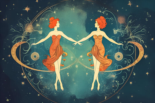 Gemini sign with two tween women on retro blue background.