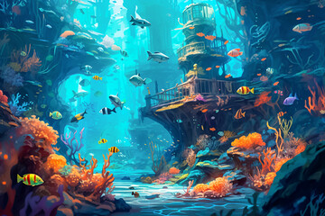 Fototapeta na wymiar Magical sea underwater world with sea animals.