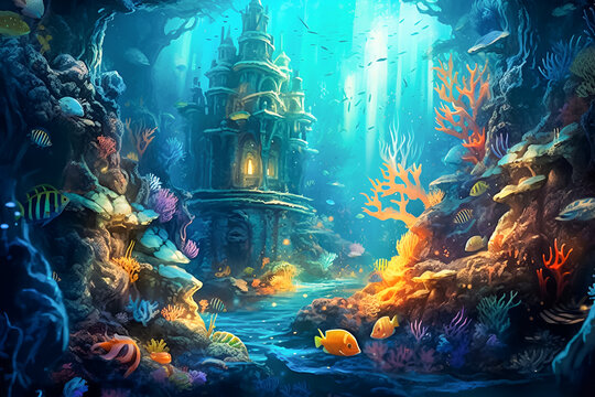 Magical sea underwater world with sea animals.