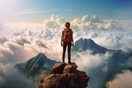woman walking on the summit of a mountain overlooking clouds, in the style of realistic portrayal, adventure themed