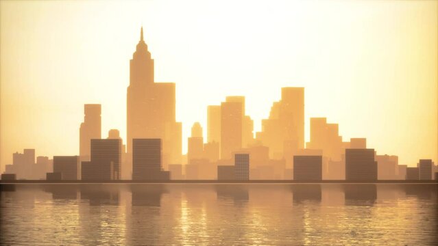 downtown cityscape at sunset in fog
