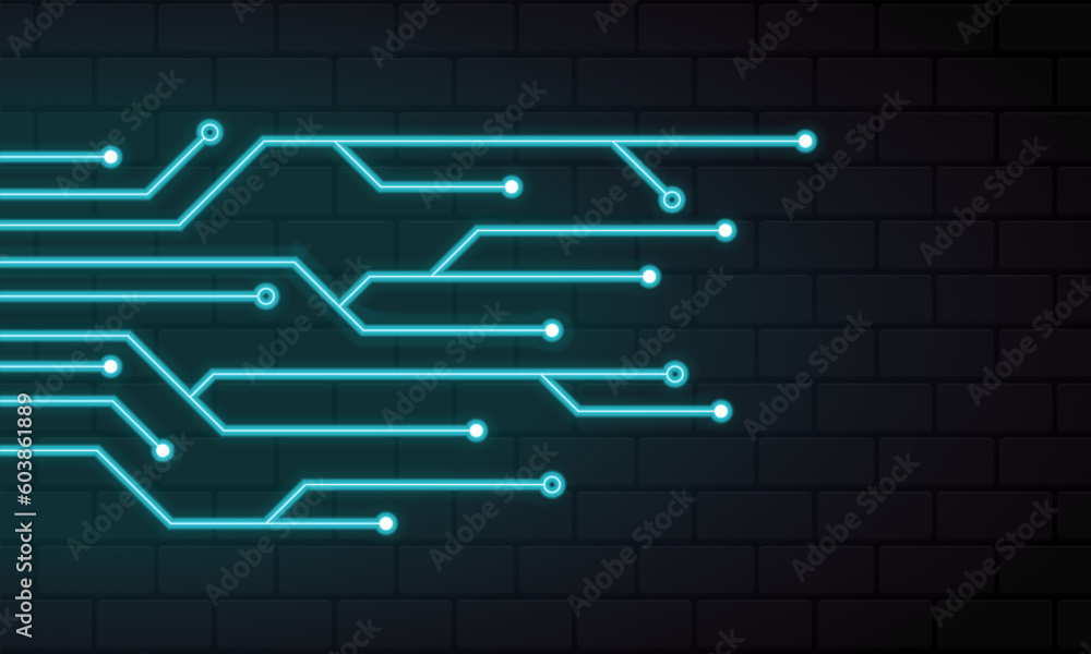 Poster glowing blue neon circuit board lines. abstract technology neon circuit board. digital circuit board