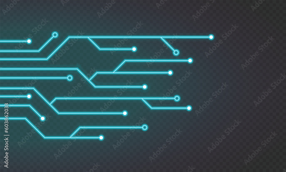 Poster glowing blue neon circuit board lines. abstract technology neon circuit board. digital circuit board