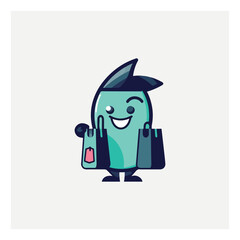 Character cartoon mascot logo for online trading company with the mascot in the form of a character holding a shopping bag or laptop.