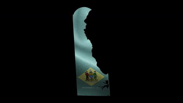4K waving detailed textured flag of Delaware animation on the map. Loop alpha channel seamless Delawarean flag on territory. Outline geographic state border of Delaware stock video.