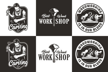 Set of bearded carpenter and jointer for logo of carpentry or wood carving. Woodworker with chisel in his hands for design of workshop or woodworking
