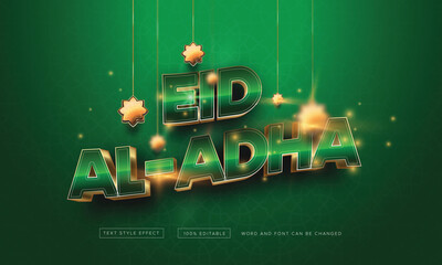Vector Green Islamic Eid al Adha Mubarak with Golden Star Text Style effect Editable