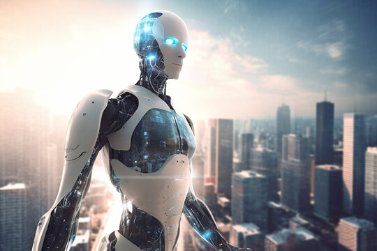 AI artificial intelligence robot standing in front of city skyline in the future