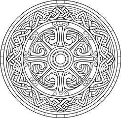 A black and white drawing of a circular pattern with the word Celtic on it.