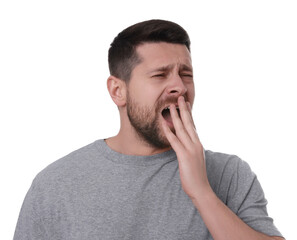 Sleepy man yawning on white background. Insomnia problem