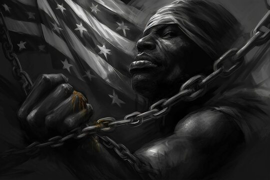 Black Lives Matter. The problem of culture, racism, and the descrImination of slavery. Juneteenth Emancipation Day. June 19. Freedom of Glosa Rights , fist of the chain Afro-American. Generative AI