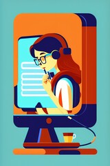 A cartoon of a woman wearing headphones and looking at a computer screen with Generative AI