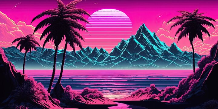 landscape vapor wave synth background , ai generative