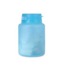 Light blue jar with chewing gums on white background