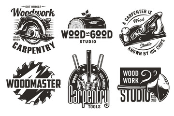 Set of logos for carpentry or wood carving or sawing. Collection of designs for woodworker, carpenter, joiner, timber, lumberjack and craftsman for workshop, woodworking, sawmill and woodwork