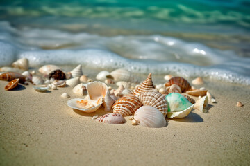 Fototapeta na wymiar Sea shells on the sand near the sea. Generative AI