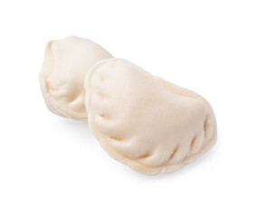 Heap of raw dumplings (varenyky) with tasty filling on white background