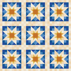 Blue Gold Star Quilt Seamless Vector Repeat Pattern