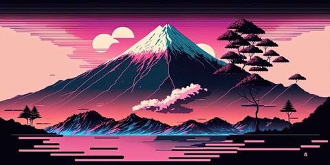 landscape fuji yama mountain japan in vapor wave synth background , ai generative - obrazy, fototapety, plakaty