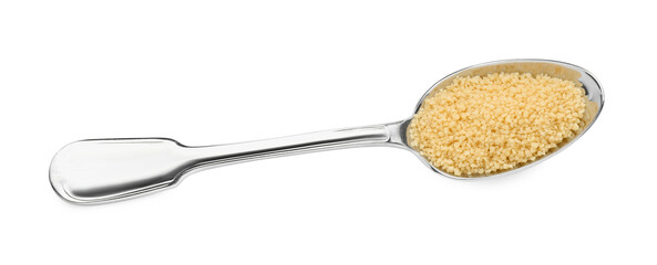 Spoon with raw couscous on white background, top view