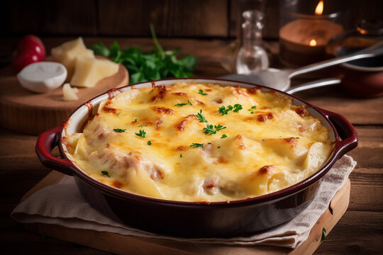Tartiflette french speciality with potatoes and cheese. Generative AI