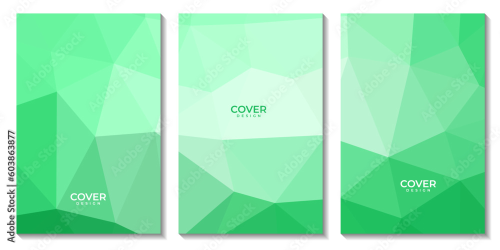 Poster flyers template set with abstract triangles green background. vector illustration.