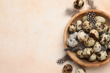 Obraz na płótnie Canvas Speckled quail eggs and feathers on beige background, flat lay. Space for text
