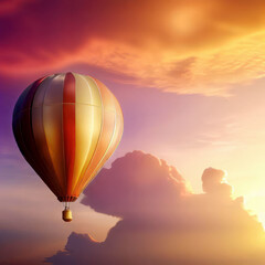 Obraz premium Hot air balloon in the sunset evening sky with clouds, copy space, generative AI
