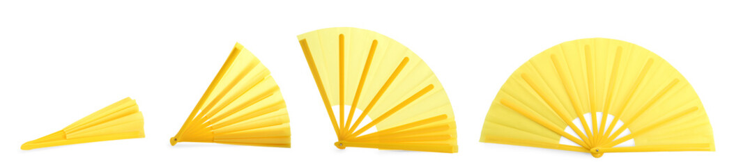 Collage with yellow hand fan on white background, different sides
