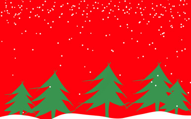 Red background for christmas, pine, christmas tree, snowing, snowman.