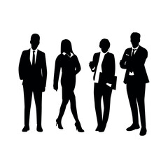 
Set of vector silhouettes of men and women, group of business people standing, black color isolated on white background
