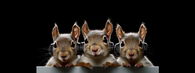 Squirrels Wearing, Airpods, Wireless Headphones,  Tech-Savvy Squirrels. Captivating Close-Up of Bluetooth Rodents Rocking Airpods on a Mysterious Dark Canvas.  Generative AI