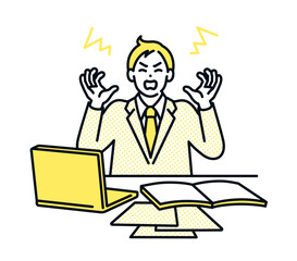 トラブルが続き発狂するビジネスパーソン。パニックになっている男性のイラスト素材。