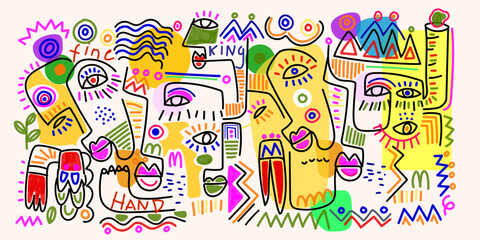 Abstract face portrait people line art shapes and doodles hand drawn vector illustration for fashion design glamour beauty line art.