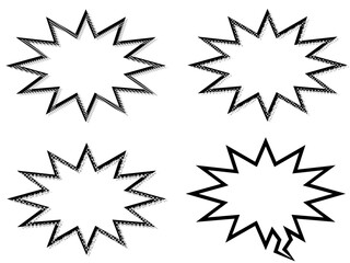 モノクロのジグザクなふきだしセット、ドット柄、ストライプ、チェック柄