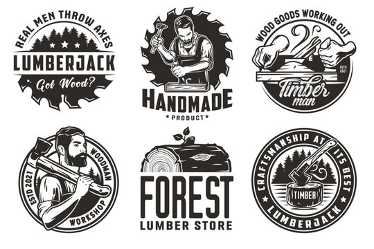 Set of logos for carpentry or wood carving or sawing. Collection of designs for woodworker, carpenter, joiner, timber, lumberjack and craftsman for workshop, woodworking, sawmill and woodwork