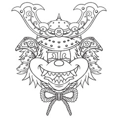 coloring illustration of cartoon cute samurai head
