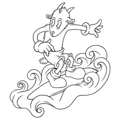 coloring illustration of cartoon surfing sheep