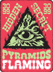 Pyramid eye flaming, hidden secret, vintage poster, retro, t shirt, print, blazing, firing, red and lemon colors, 3099, art, music