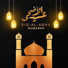 Eid Al Adha Mubarak gold greeting design - Islamic beautiful background with moon and golden text - Eid Al Adha, Eid Mubarak. Islamic Typography for Muslim community