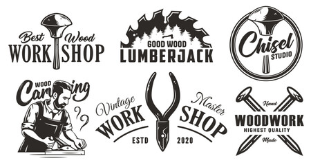 Wooden set of emblems or logos for carpentry or wood carving or sawing. Woody collection of designs for woodworker, carpenter, joiner, timber, lumberjack for workshop, woodworking, sawmill, woodwork