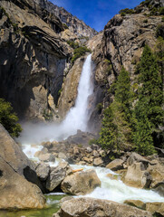 Naklejka na ściany i meble Lower Yosemite Falls full of spring snowmelt water in Yosemite National Park