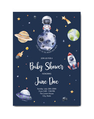 Baby Shower invitation card with space theme background template for baby girl and baby boy