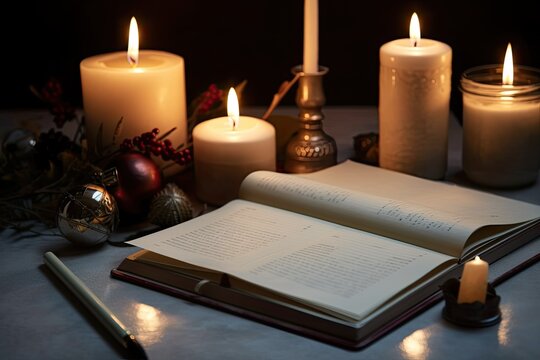 New Year's or Christmas scene. Mockup of excellent intentions on a notepad. On the wall, there is a blank sheet of paper. On the table are books, a candle, and an empty paper sheet. Generative AI
