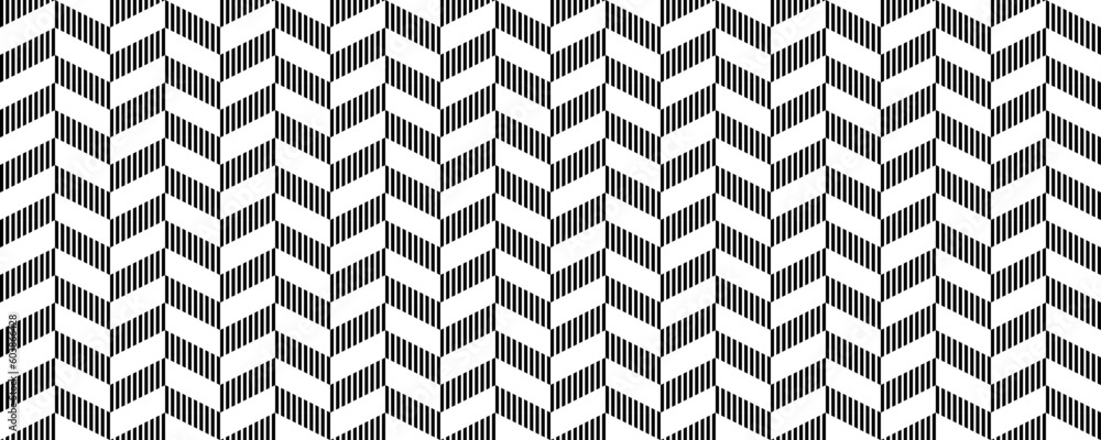 Poster Herringbone seamless pattern. Black white chevron background. Repeating zigzag texture with diagonal lines. Textile fabric print design swatch. Vector illustration and wallpaper template