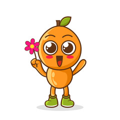 Cute cartoon orange fruit character holding flower