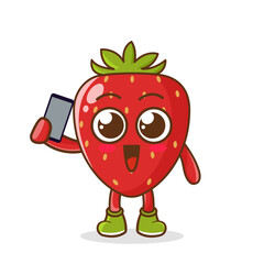 strawberry fruit cartoon character holding a smartphone