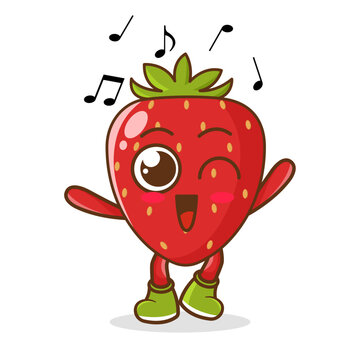 strawberry Fruit cartoon mascot character Listening music. Cute strawberry cartoon character dances to music