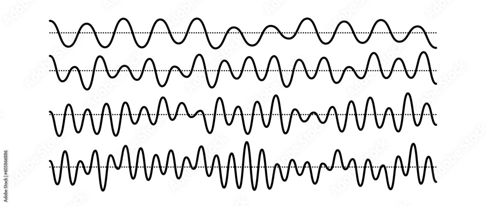 Poster Sinusoid signals set. Black curve sound waves with different frequency and amplitude. Voice or music audio concept. Pulsating lines. Electronic radio graphics collection. Vector templates bundle
