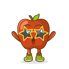 Funny apple fruit character in star-shaped glasses having fun at party, cartoon vector illustration isolated on white background. Cartoon apple fruit character, party mascot